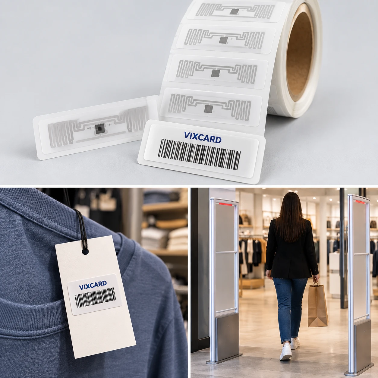 Etiqueta RFID UHF inlay impressa com código de barras, em rolo e em tag de roupa no varejo — Vixcard