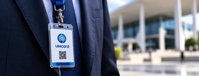 Crachá com QR Code e cordão personalizado no paletó, diante de prédio público