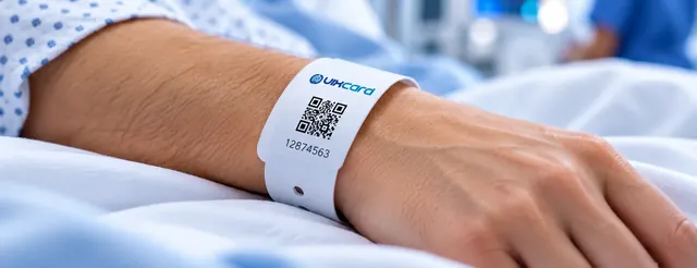 Pulseira de identificação com QR Code no pulso de paciente em leito de hospital
