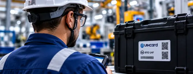 Técnico de capacete lendo com coletor a etiqueta RFID UHF de uma maleta na fábrica